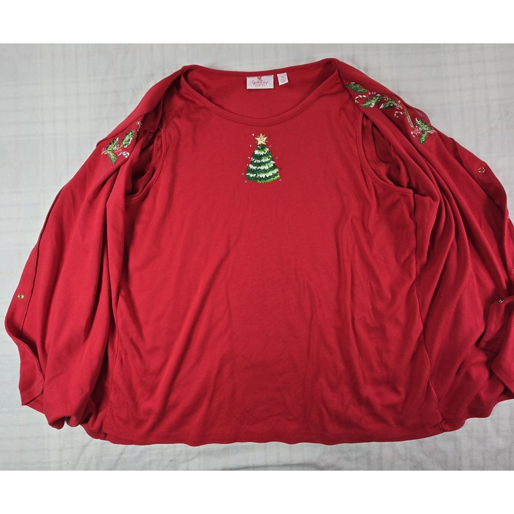 Quacker Factory Women's Holiday Joy V-Neck Cardigan Duet Tunic Top Red XL - Picture 12 of 16